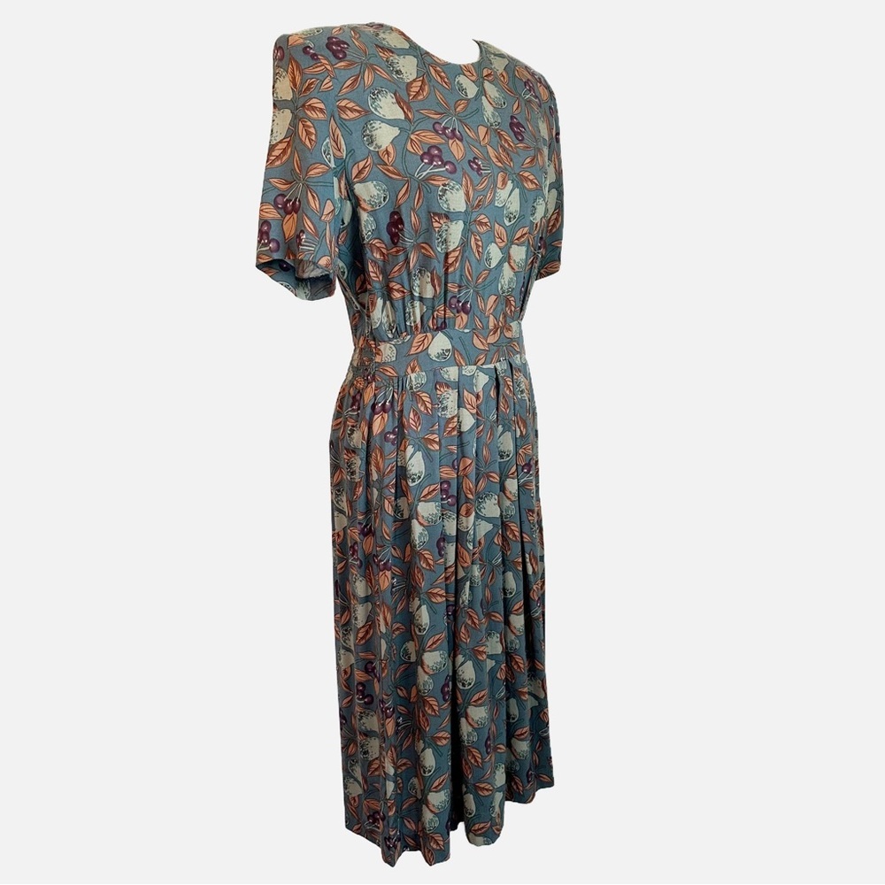 SOLD! Vintage 80's Karin Stevens Green Fruit Pleated A-Line Midi Dress 8 Petite - Picture 7 of 16